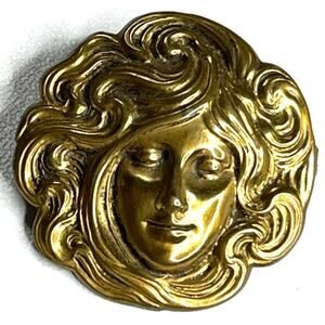 Art Nouveau Brooch Repousse Lady Gold Brass Vtg Estate Jewelry Pin O08